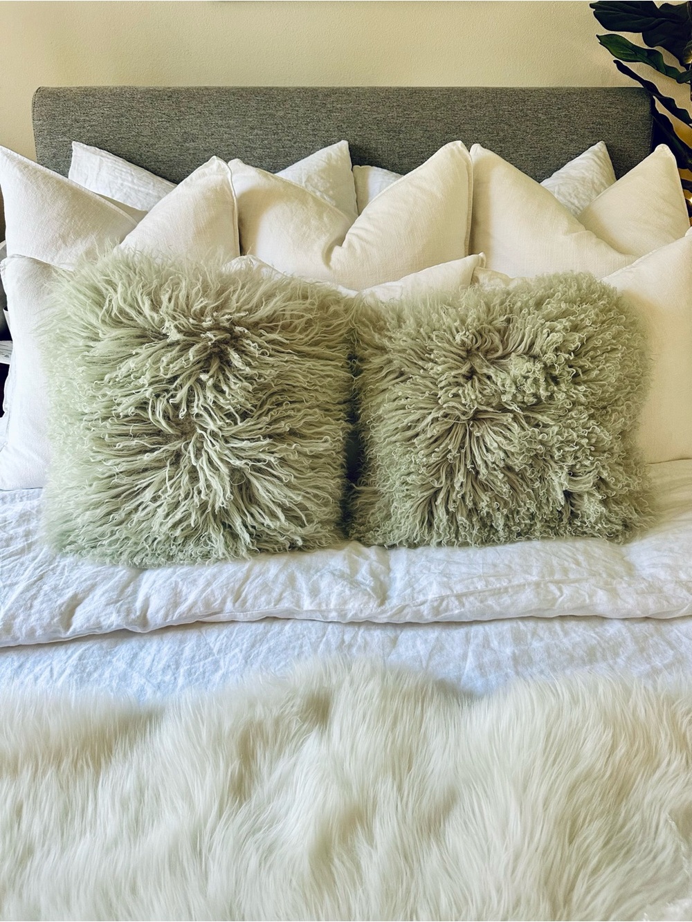 Z Gallerie Grey/Green Mongolian Fur Throw Pillows-Pair